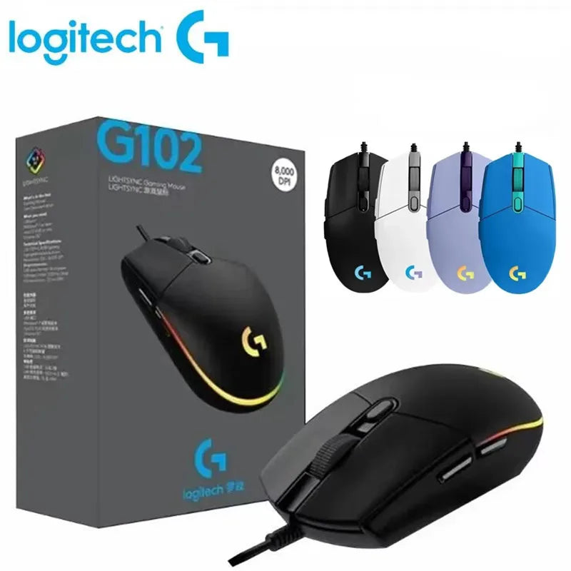 Mouse Logitech G102 com fio USB para jogos, tela com efeito óptico de arco-íris de 8000 DPI para PC/Mac e laptop
