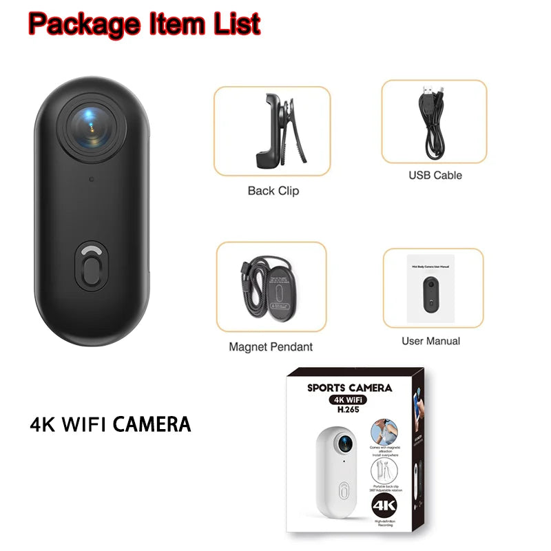Mini câmera de vlog 4K HD com WiFi, câmera de ação portátil sem fio para fotografia de esportes e viagens, gravador de vídeo de bolso