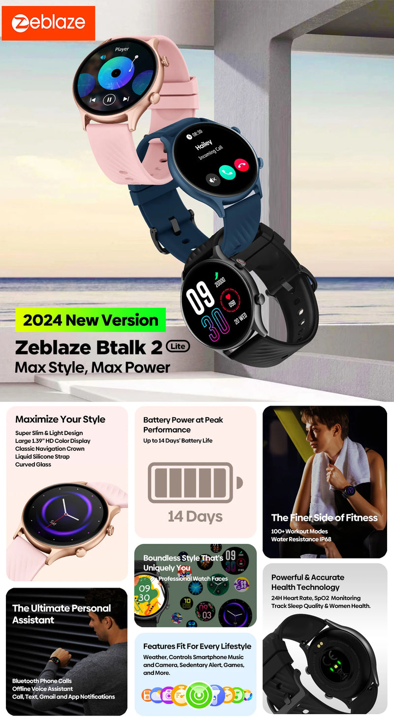 Novo Zeblaze Btalk 2 Lite 2024, relógio inteligente com chamada de voz, tela grande IPS de 1,39'', mais de 100 modos esportivos, monitor de saúde 24 horas