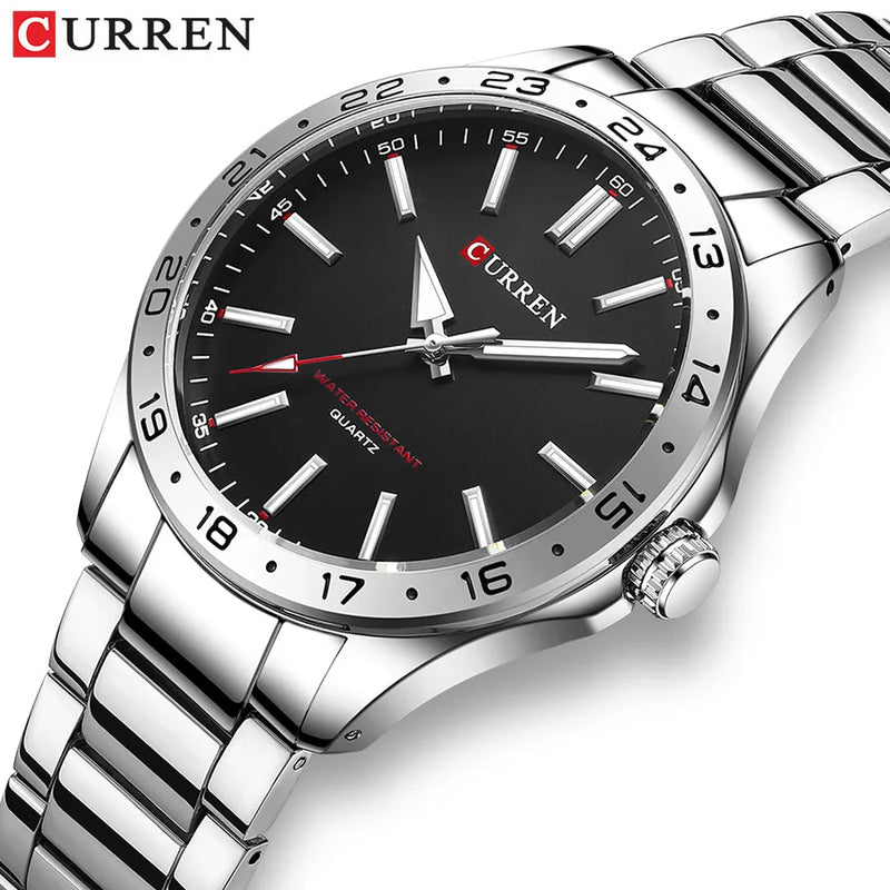CURREN 8452 Relógio de quartzo masculino, relógio de pulso simples, moderno, de lazer e negócios, preto, prateado, com pulseira de aço inoxidável, para homens