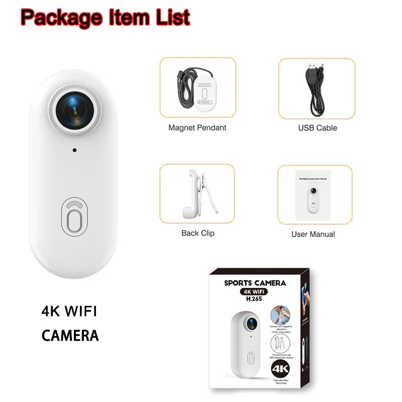 Mini câmera de vlog 4K HD com WiFi, câmera de ação portátil sem fio para fotografia de esportes e viagens, gravador de vídeo de bolso