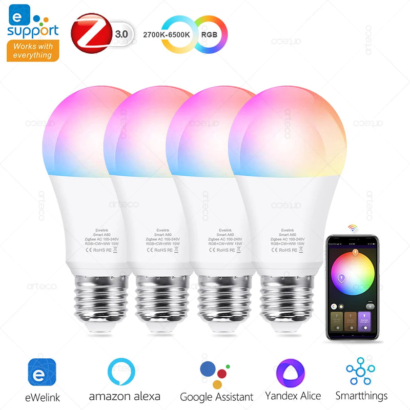 Lâmpadas inteligentes Zigbee E27 para casa inteligente, funciona com Alexa e Google Home Smartthings