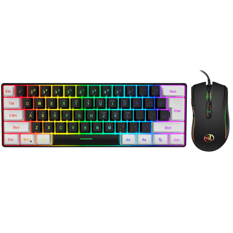 kit teclado com fio branco e preto de 61 teclas RGB, mouse para jogos