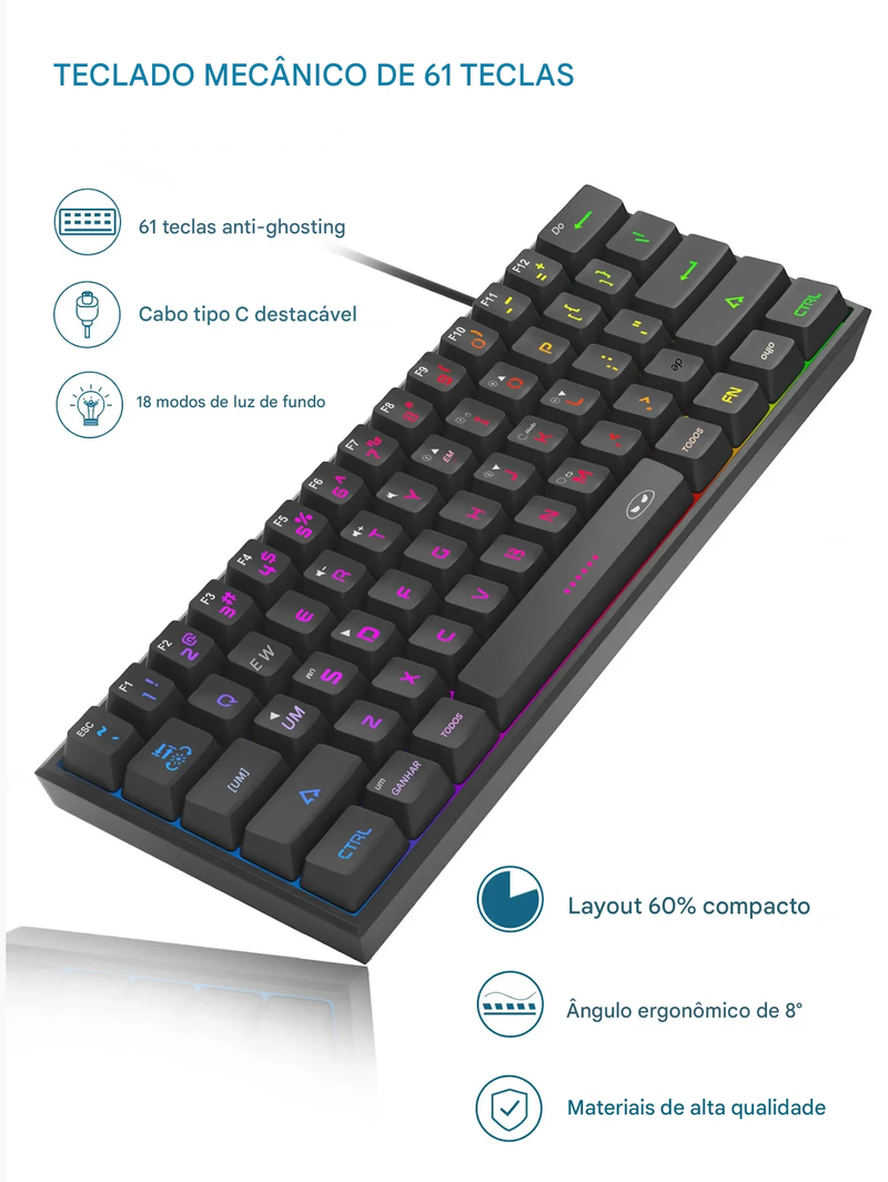 Teclado gamer MageGee Mini 60%, RGB, mecânico