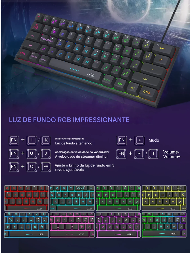 Teclado gamer MageGee Mini 60%, RGB, mecânico