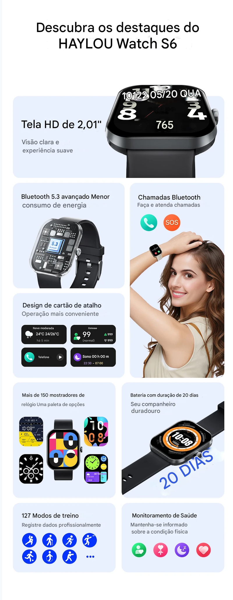Relógio Inteligente Haylou Watch S6 com Tela HD de 2,01" e Bluetooth