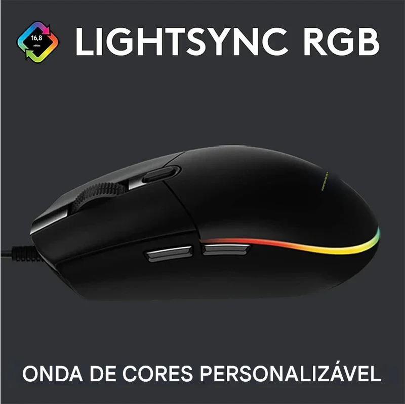 Mouse Logitech G102 com fio USB para jogos, tela com efeito óptico de arco-íris de 8000 DPI para PC/Mac e laptop