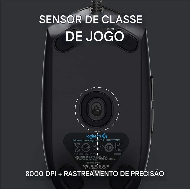 Mouse Logitech G102 com fio USB para jogos, tela com efeito óptico de arco-íris de 8000 DPI para PC/Mac e laptop