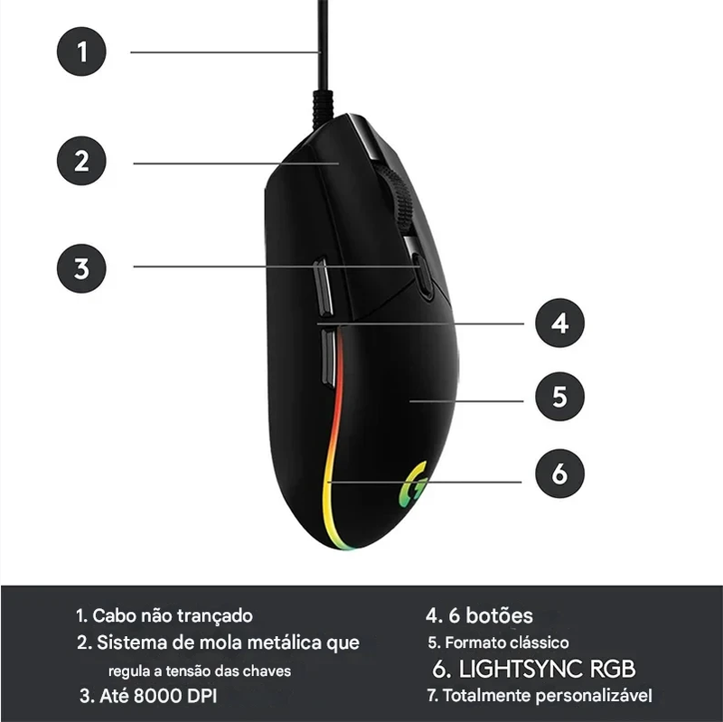 Mouse Logitech G102 com fio USB para jogos, tela com efeito óptico de arco-íris de 8000 DPI para PC/Mac e laptop